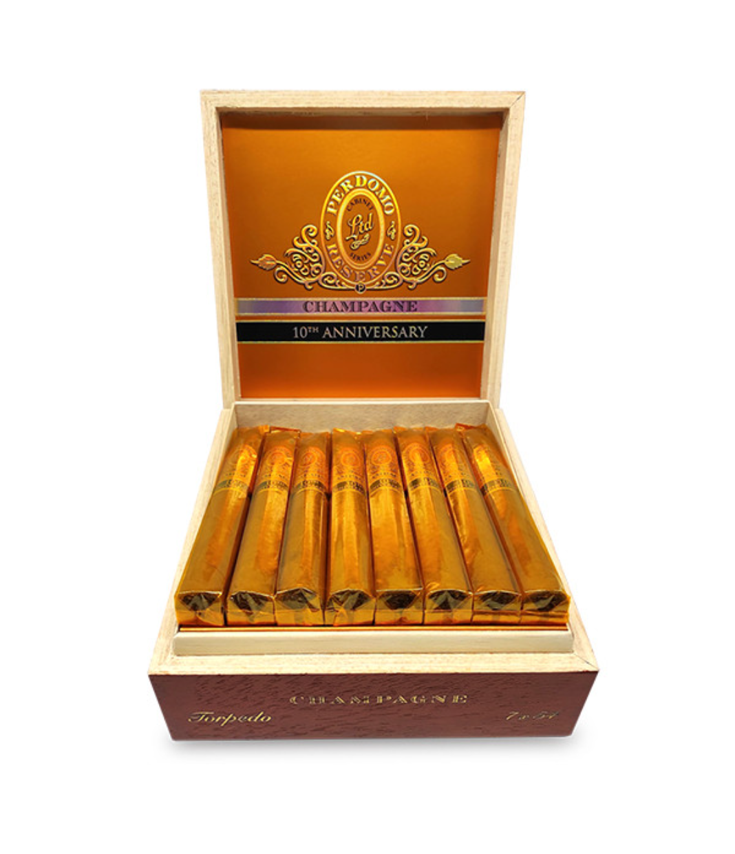 Perdomo Reserve 10th Anniversary Connecticut Torpedo Cigar Box of 25 close-up from AuCigars, premium Cuban cigar