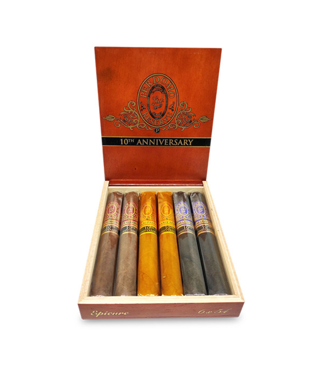 Perdomo Reserve 10th Anniversary Epicure Cigar Box of 6 close-up from AuCigars, premium Cuban cigar