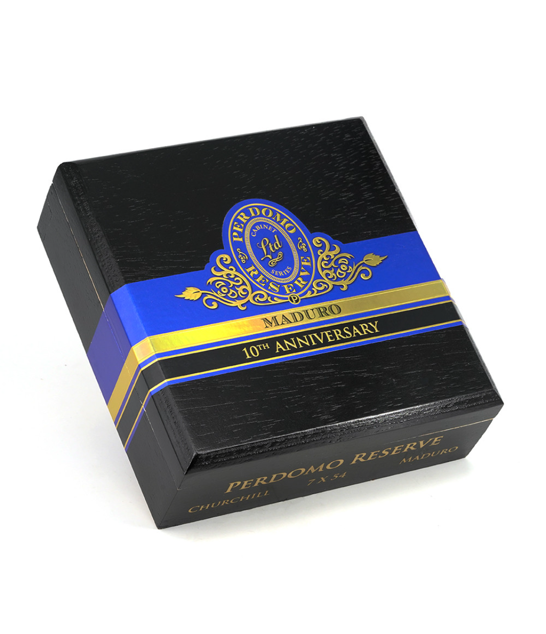 Perdomo Reserve 10th Anniversary Maduro Churchill Cigar Box View 3 from AuCigars, premium Cuban cigar