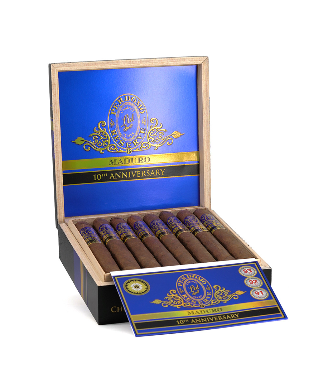 Perdomo Reserve 10th Anniversary Maduro Churchill Cigar Box of 25 close-up from AuCigars, premium Cuban cigar