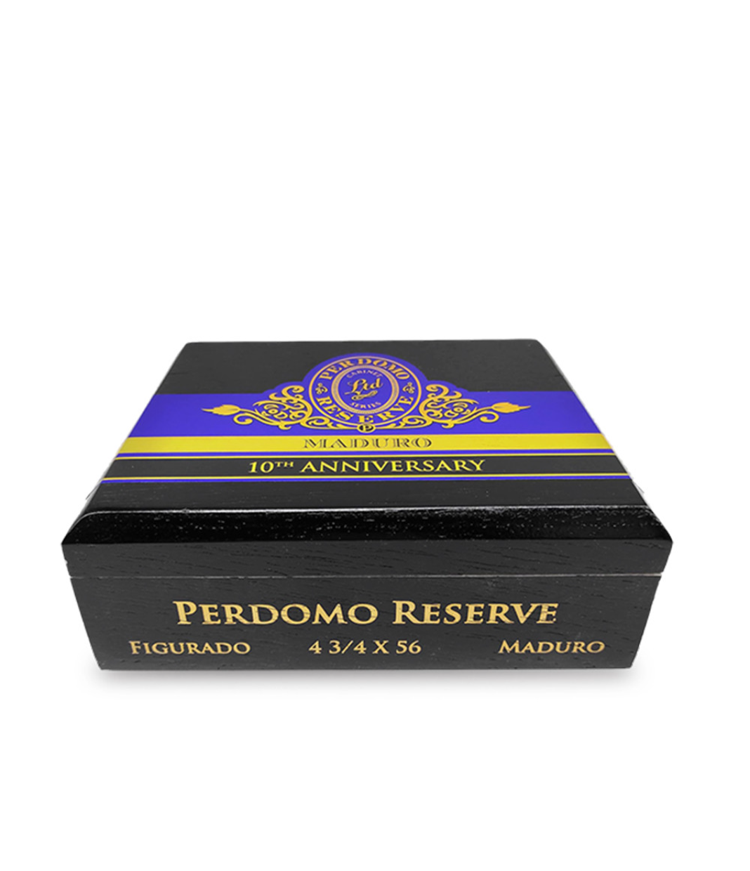 Perdomo Reserve 10th Anniversary Maduro Figurado Cigar Box View 2 from AuCigars, premium Cuban cigar
