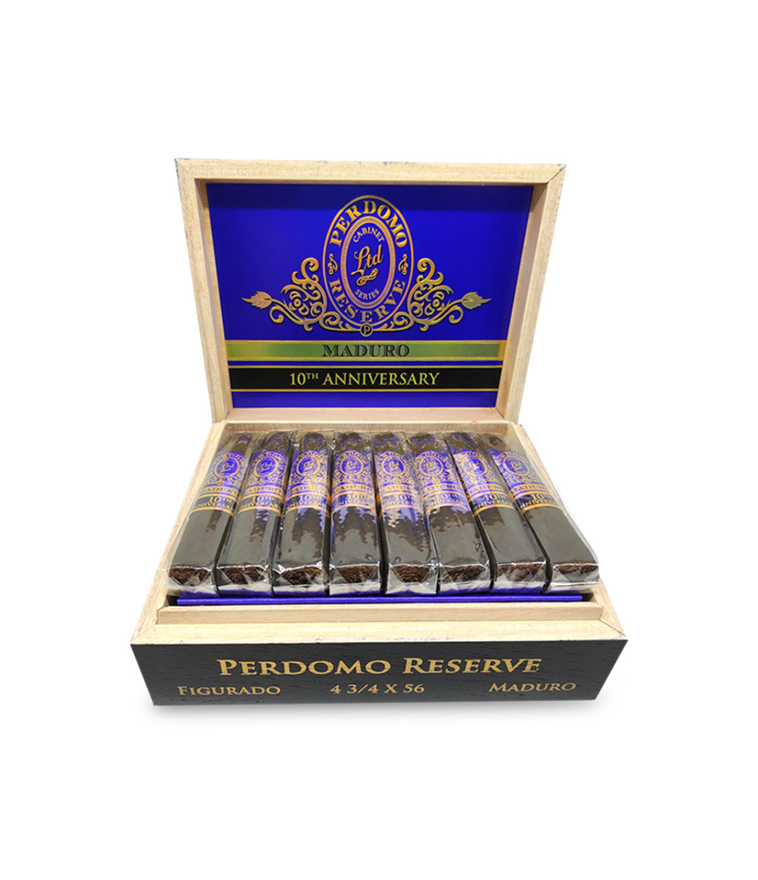 Perdomo Reserve 10th Anniversary Maduro Figurado Cigar Box of 25 close-up from AuCigars, premium Cuban cigar
