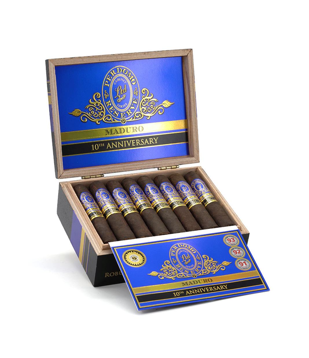 Perdomo Reserve 10th Anniversary Maduro Robusto Cigar Box of 25 close-up from AuCigars, premium Cuban cigar