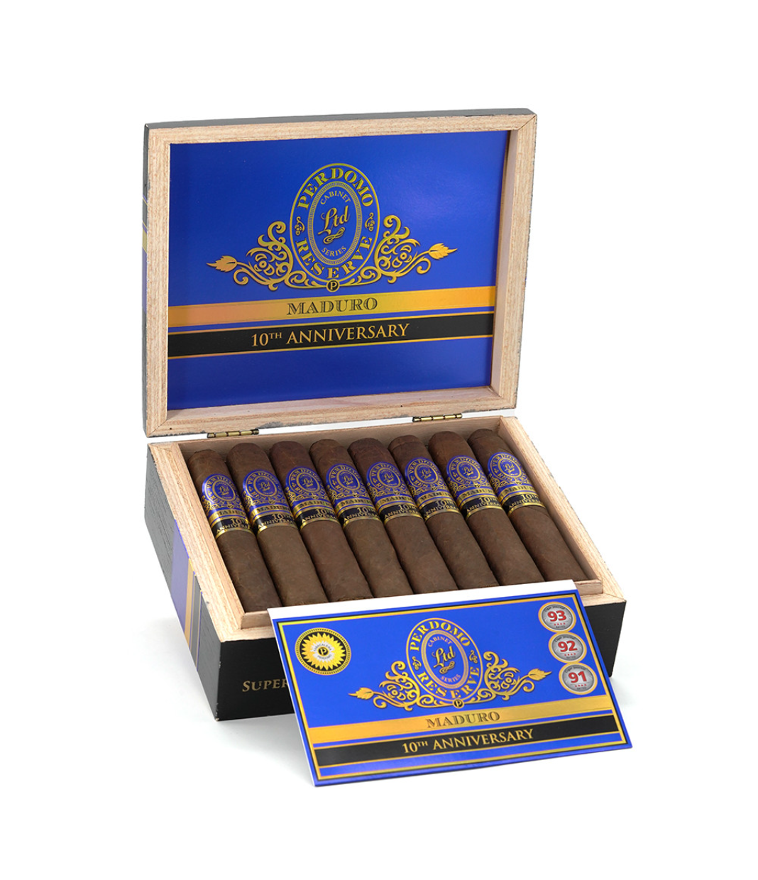 Perdomo Reserve 10th Anniversary Maduro Super Toro Cigar Box of 25 close-up from AuCigars, premium Cuban cigar