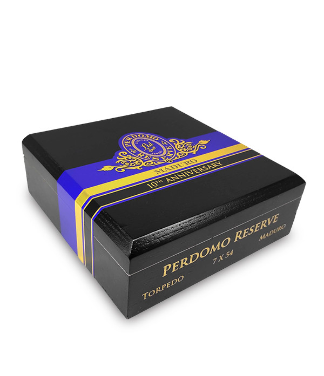 Perdomo Reserve 10th Anniversary Maduro Torpedo Cigar Box View 2 from AuCigars, premium Cuban cigar