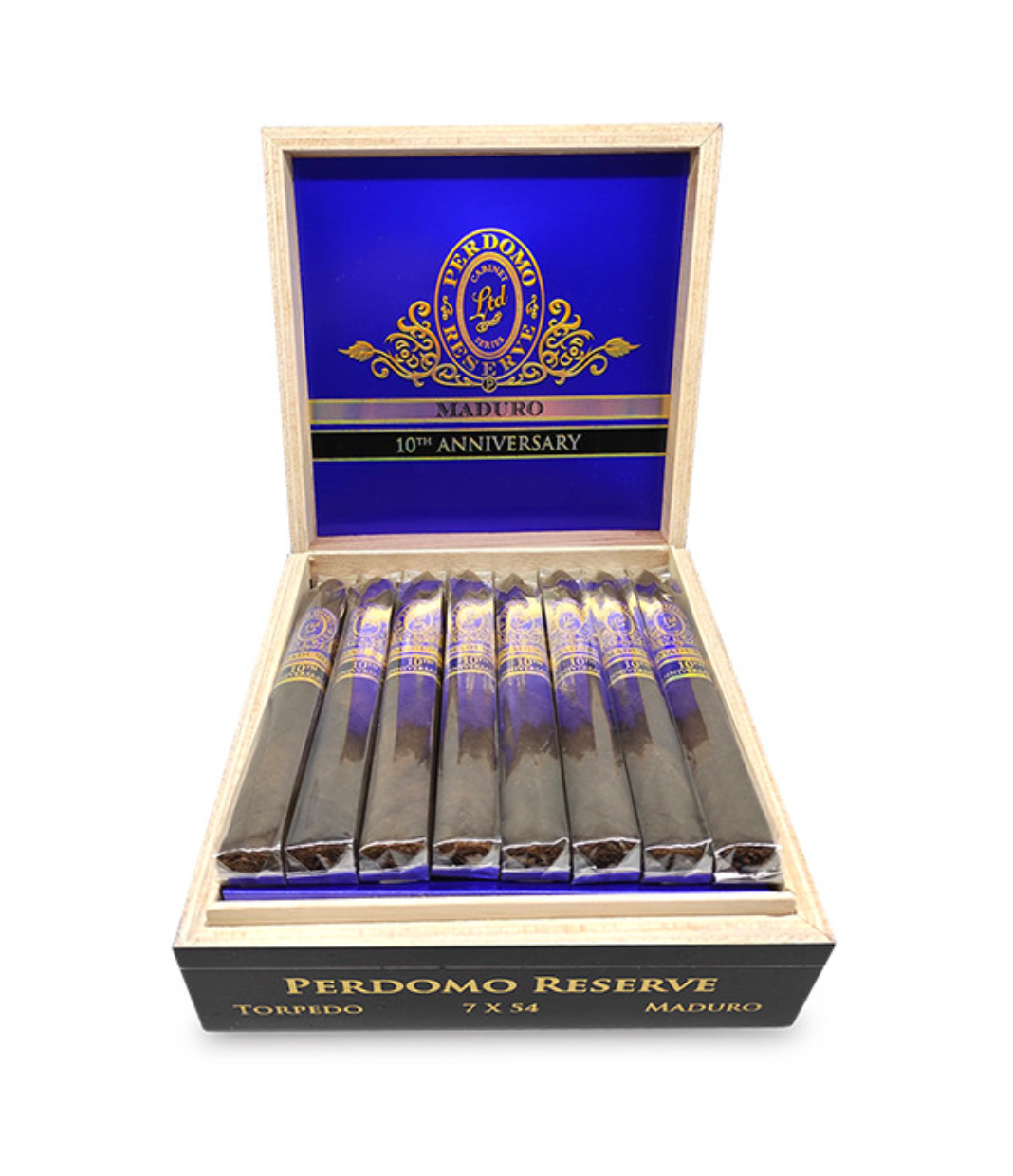 Perdomo Reserve 10th Anniversary Maduro Torpedo Cigar Box of 25 close-up from AuCigars, premium Cuban cigar