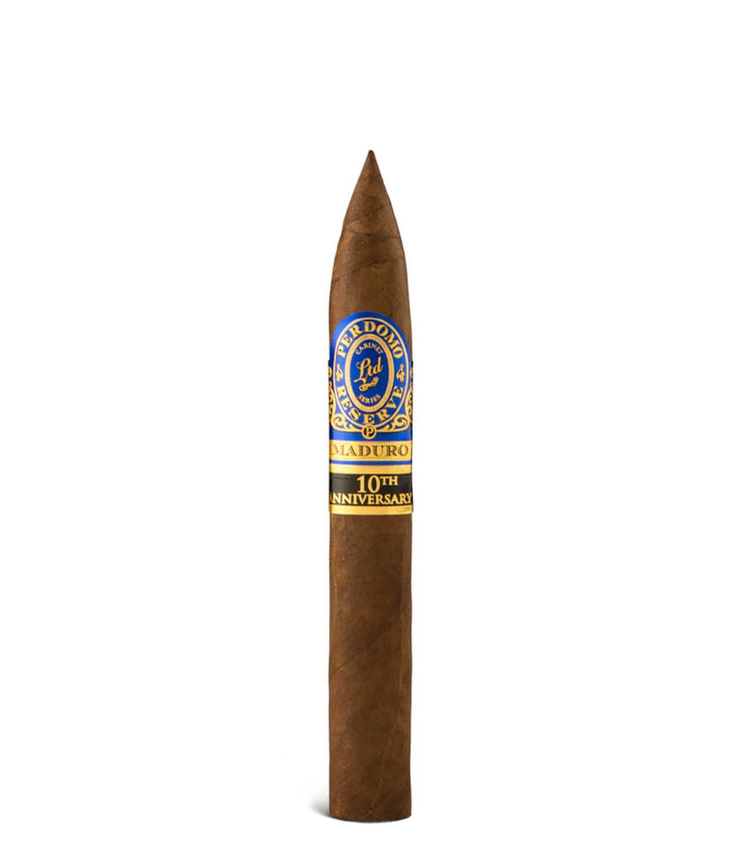 Perdomo Reserve 10th Anniversary Maduro Torpedo Cigar close-up from AuCigars, premium Cuban cigar
