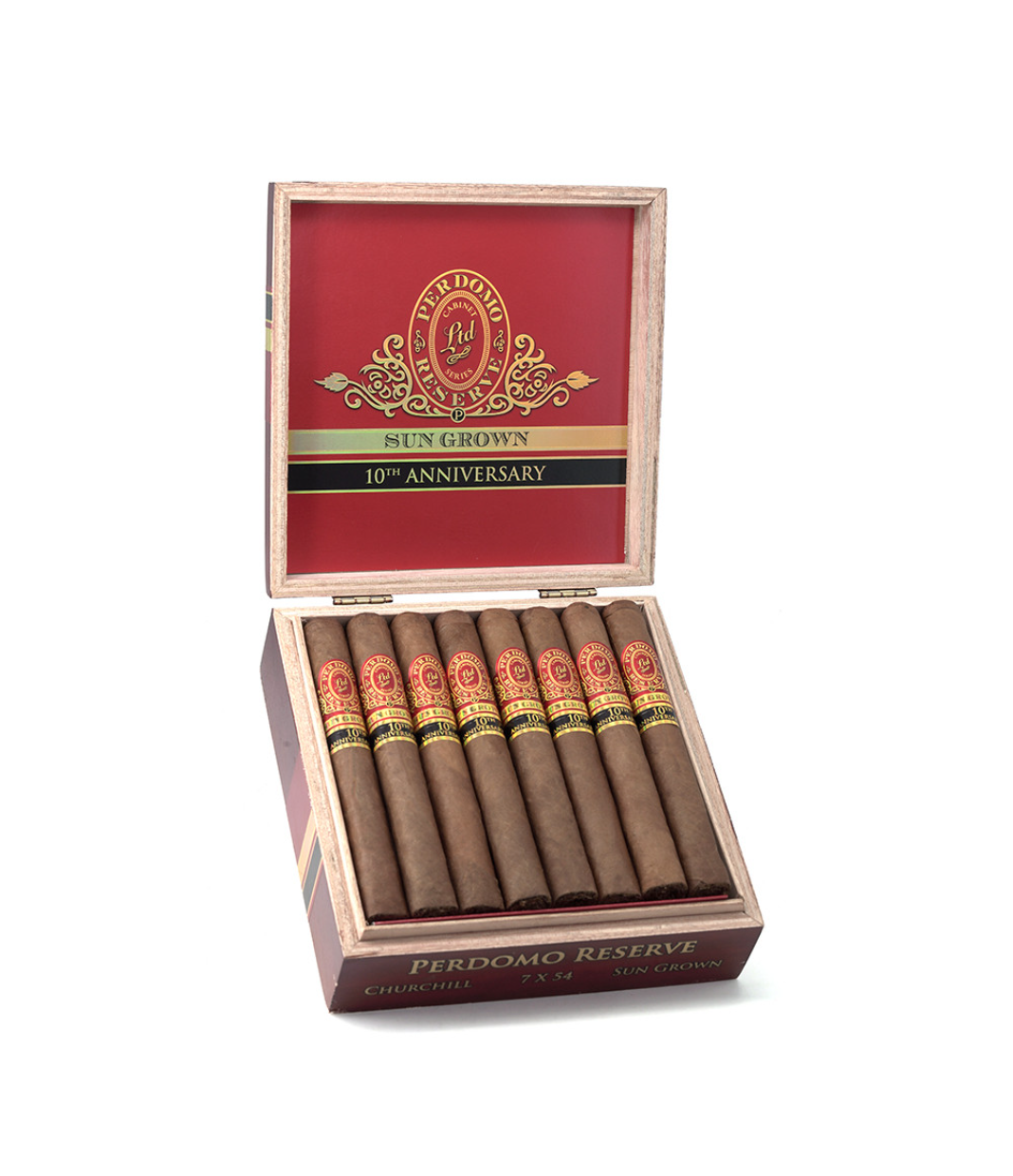 Perdomo Reserve 10Th Anniversary Sun Grown Churchill Cigar Box of 25 close-up from AuCigars, premium Cuban cigar