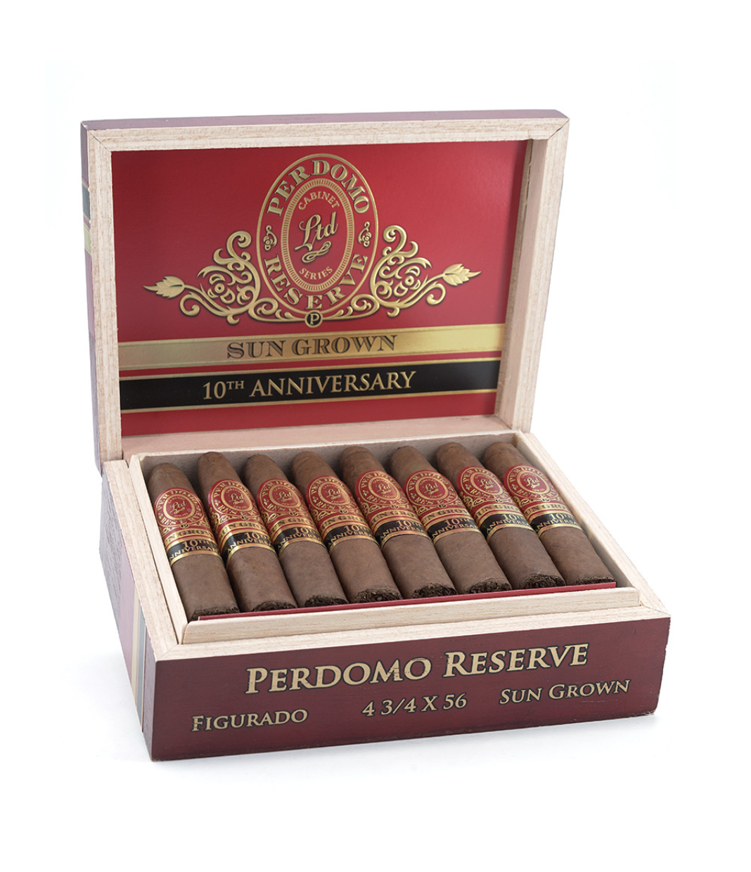 Perdomo Reserve 10Th Anniversary Sun Grown Figurado Cigar Box of 25 close-up from AuCigars, premium Cuban cigar