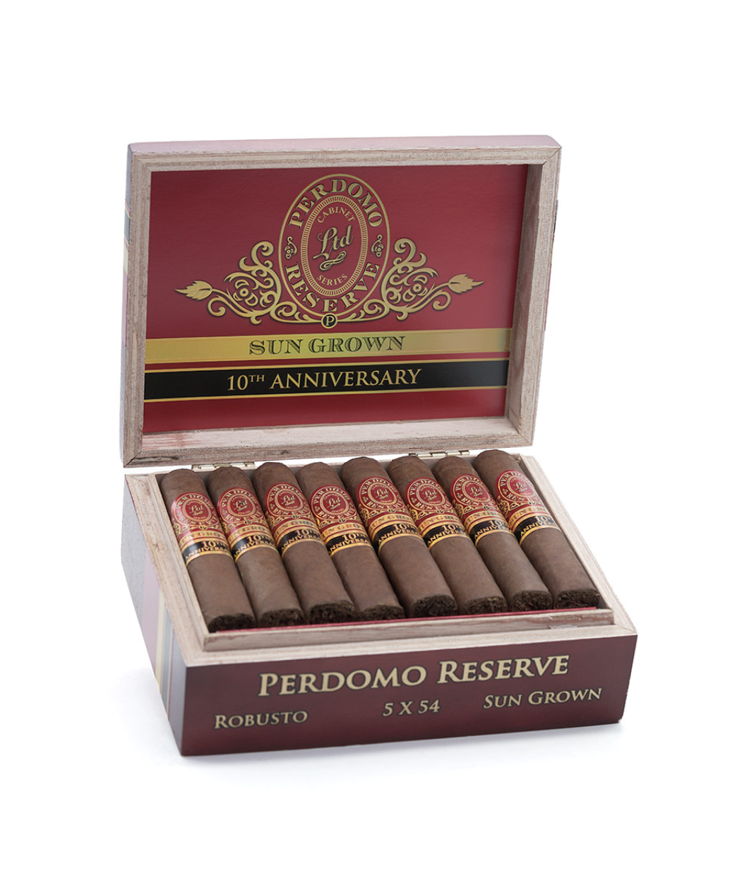 Perdomo Reserve 10Th Anniversary Sun Grown Robusto Cigar Box of 25 close-up from AuCigars, premium Cuban cigar