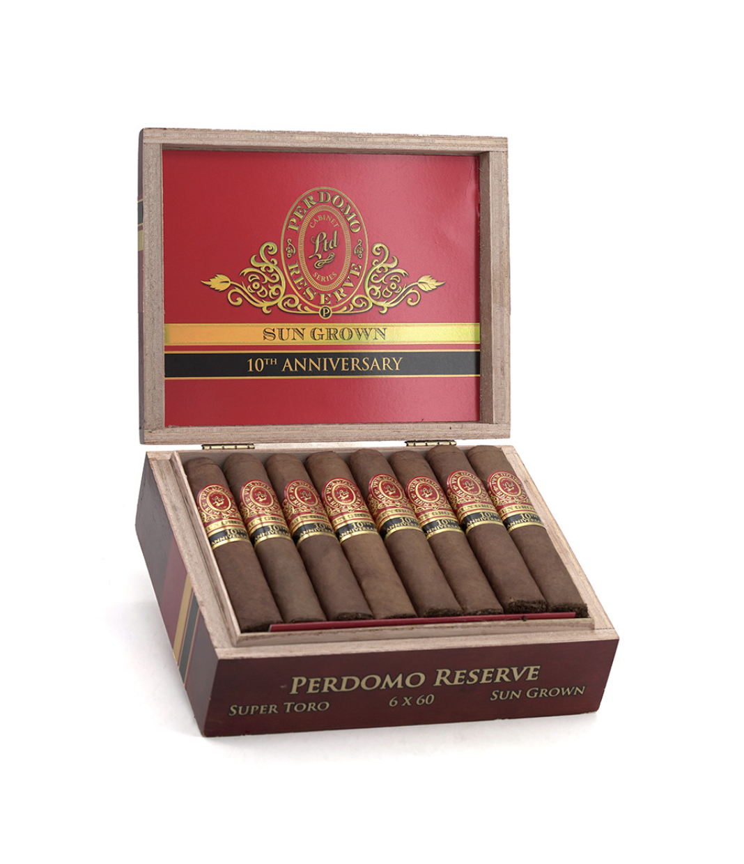 Perdomo Reserve 10Th Anniversary Sun Grown Super Toro Cigar Box of 25 close-up from AuCigars, premium Cuban cigar