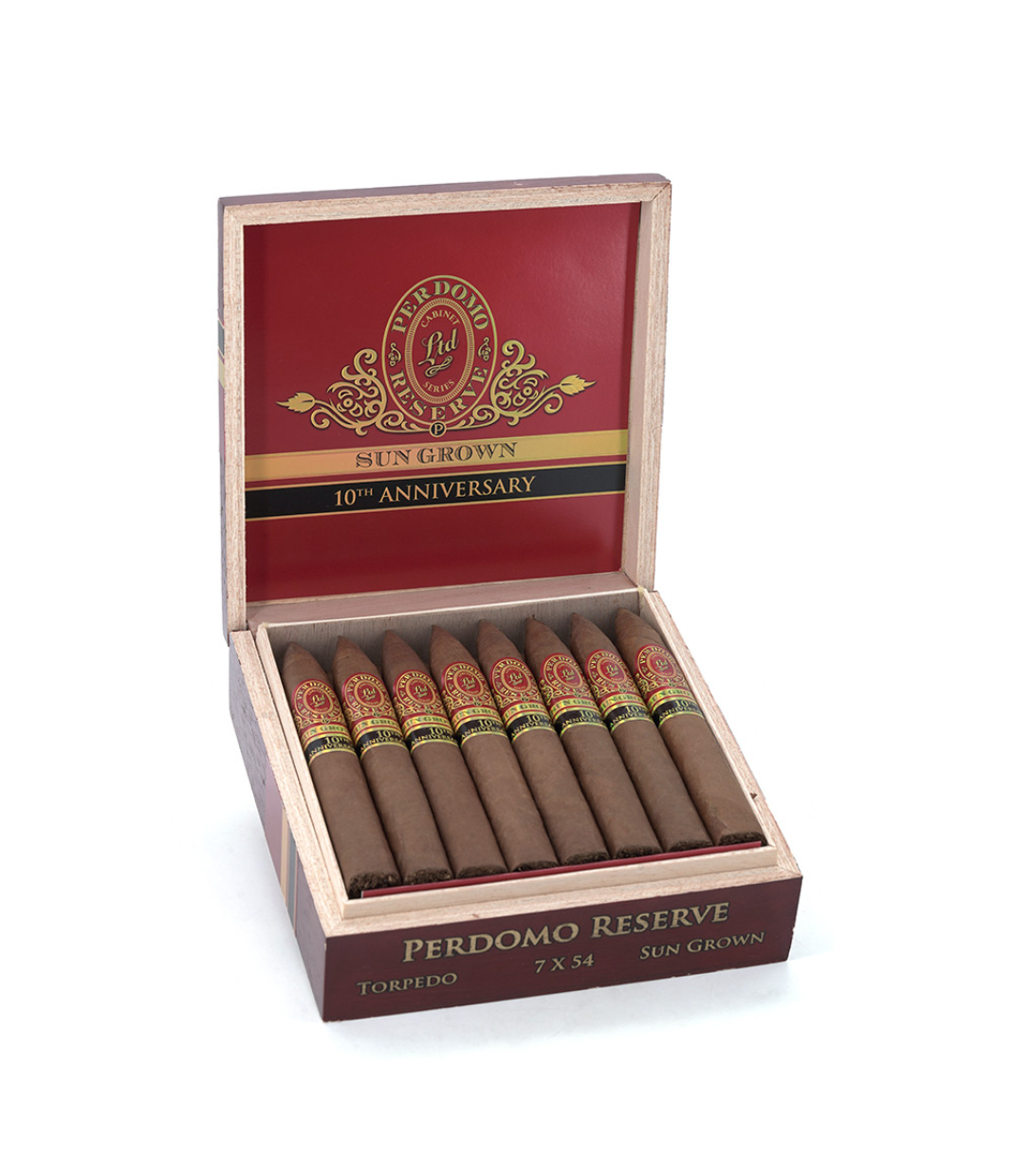 Perdomo Reserve 10Th Anniversary Sun Grown Torpedo Cigar Box of 25 close-up from AuCigars, premium Cuban cigar