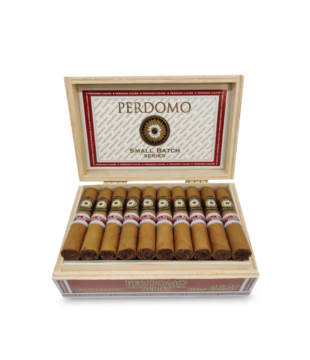 Perdomo Small Batch Series Connecticut Half Corona Cigar Box of 30 close-up from AuCigars, premium Cuban cigar