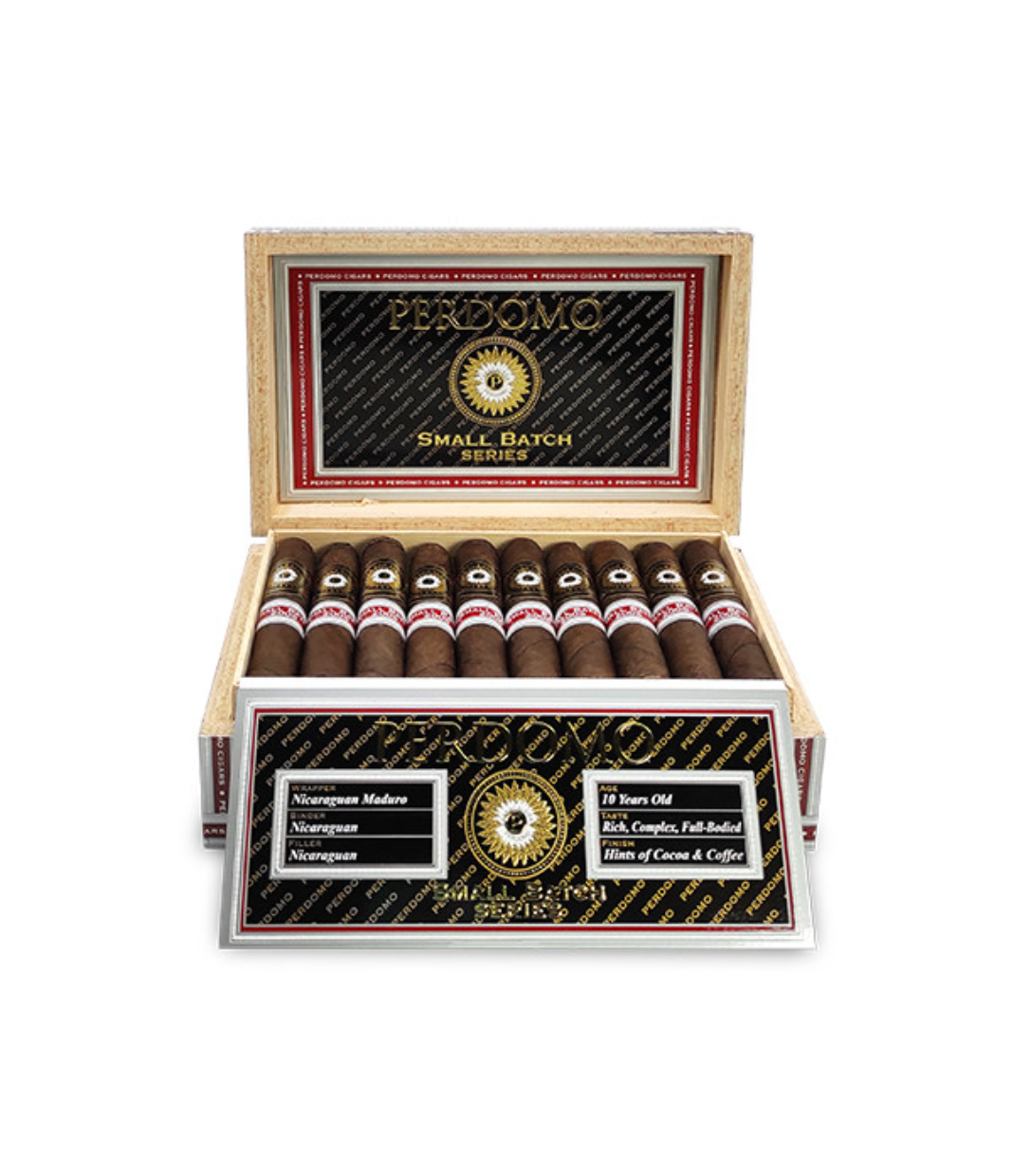 Perdomo Small Batch Series Maduro Half Corona Cigar Box of 30 close-up from AuCigars, premium Cuban cigar