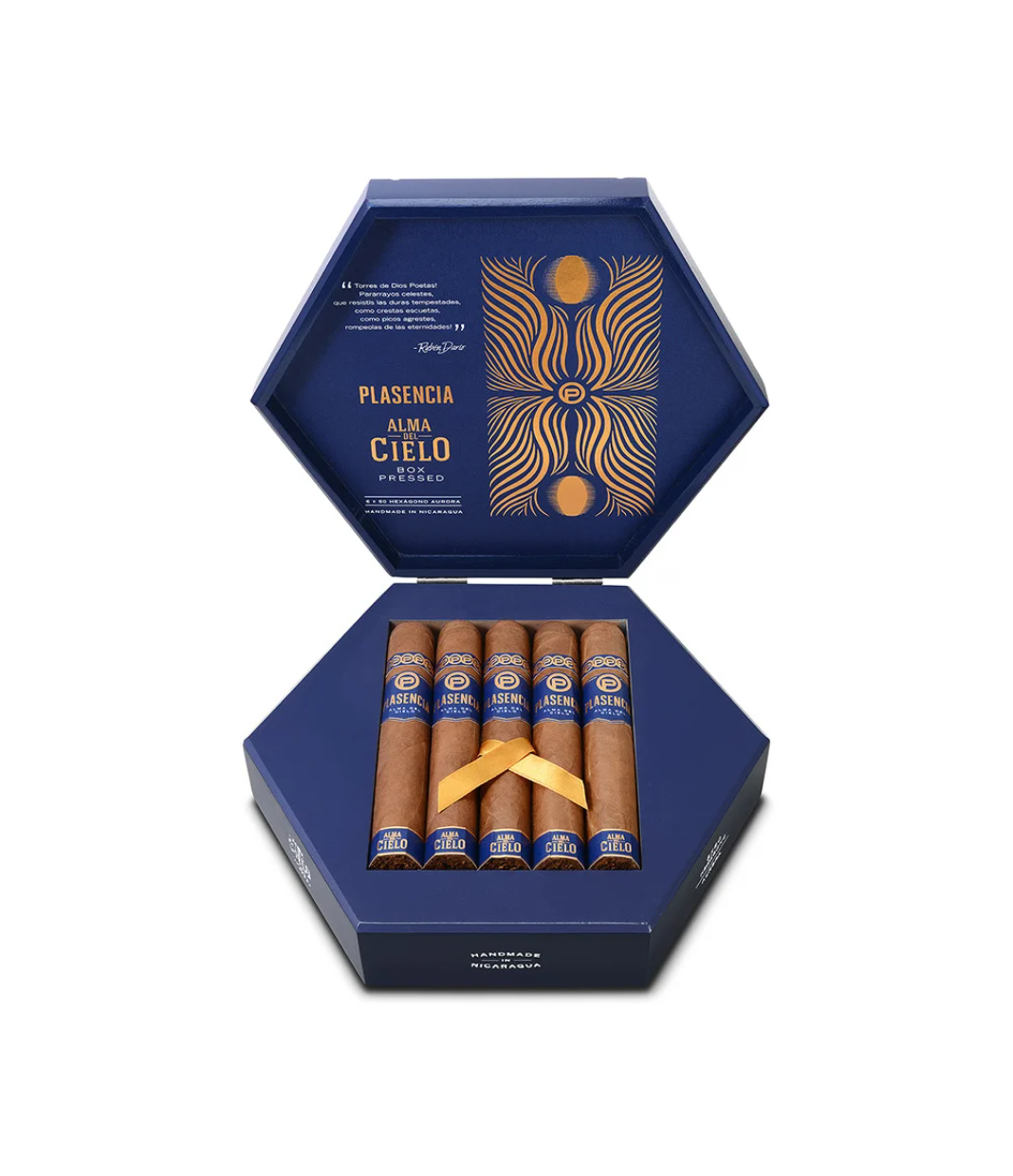Plasencia Alma Del Cielo Amanecer Hexagono Cigar Box of 10 close-up from AuCigars, premium Cuban cigar