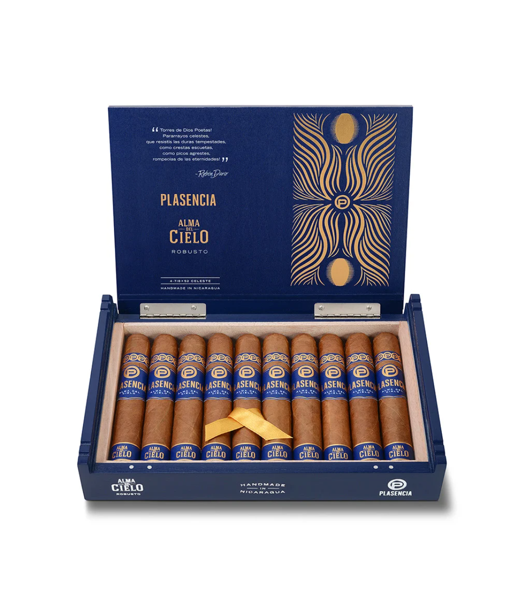 Plasencia Alma Del Cielo Celeste Robusto Cigar Box of 10 close-up from AuCigars, premium Cuban cigar