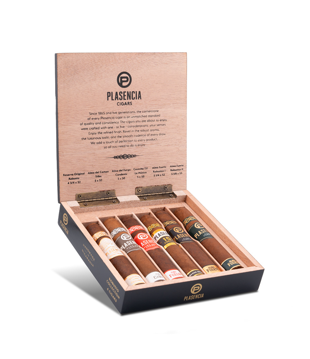 Plasencia Sampler Robusto Collection Cigar Box of 6 close-up from AuCigars, premium Cuban cigar