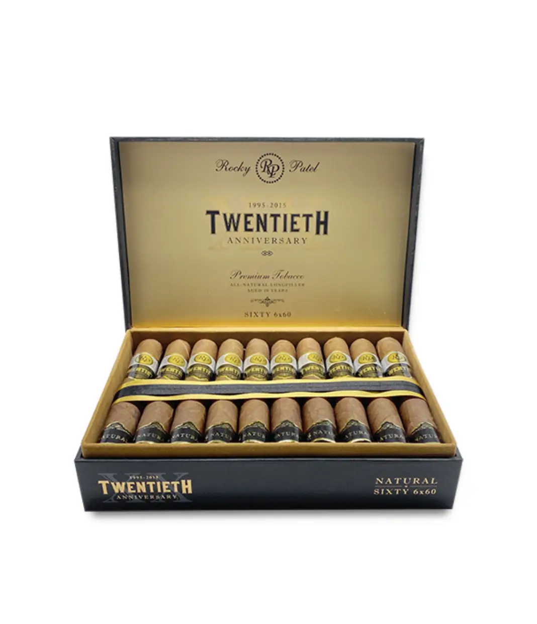 Rocky Patel 20th Anniversary Maduro Sixty Cigar Box of 20 close-up from AuCigars, premium Cuban cigar