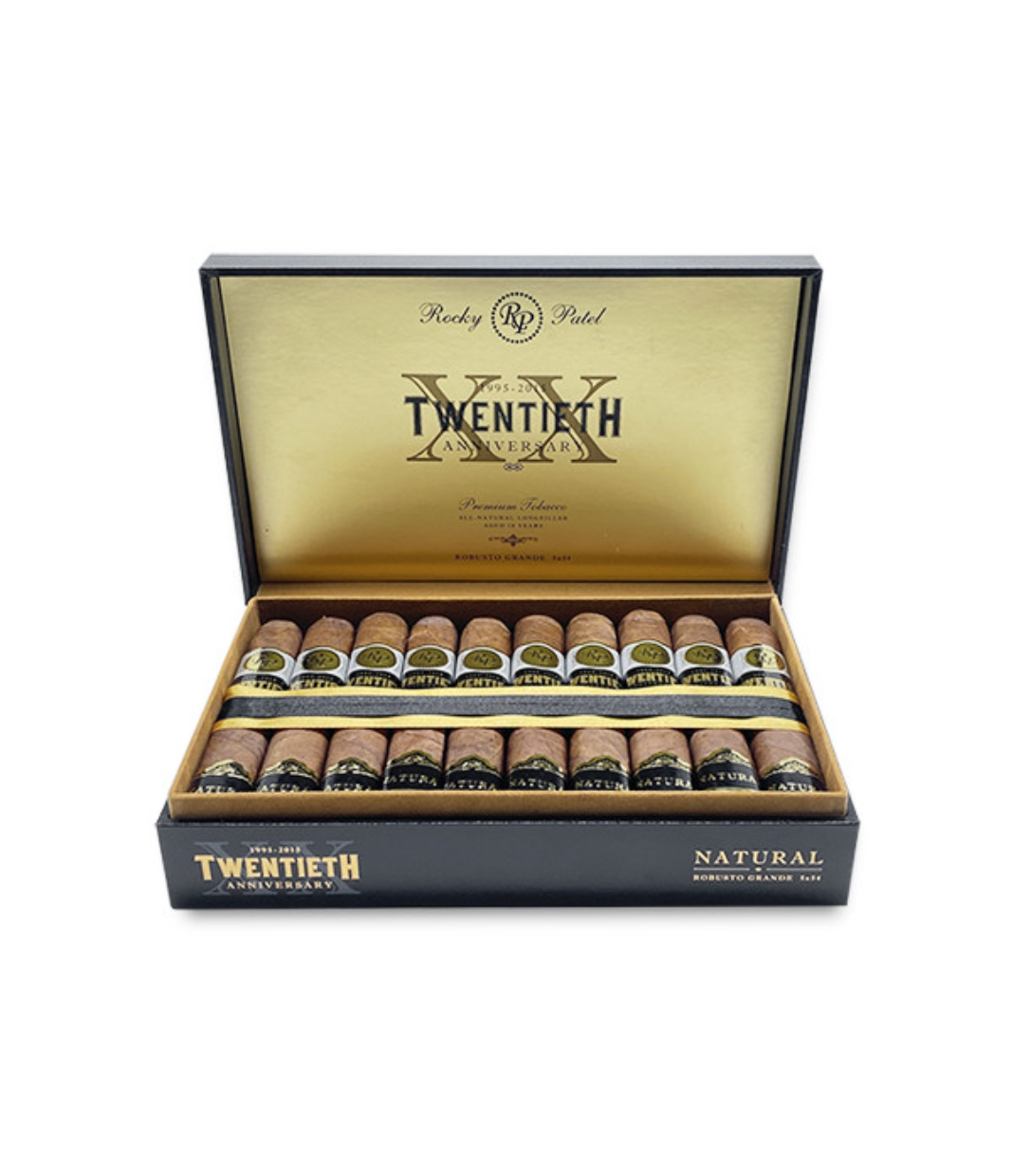 Rocky Patel 20th Anniversary Robusto Grande Cigar Box of 20 close-up from AuCigars, premium Cuban cigar