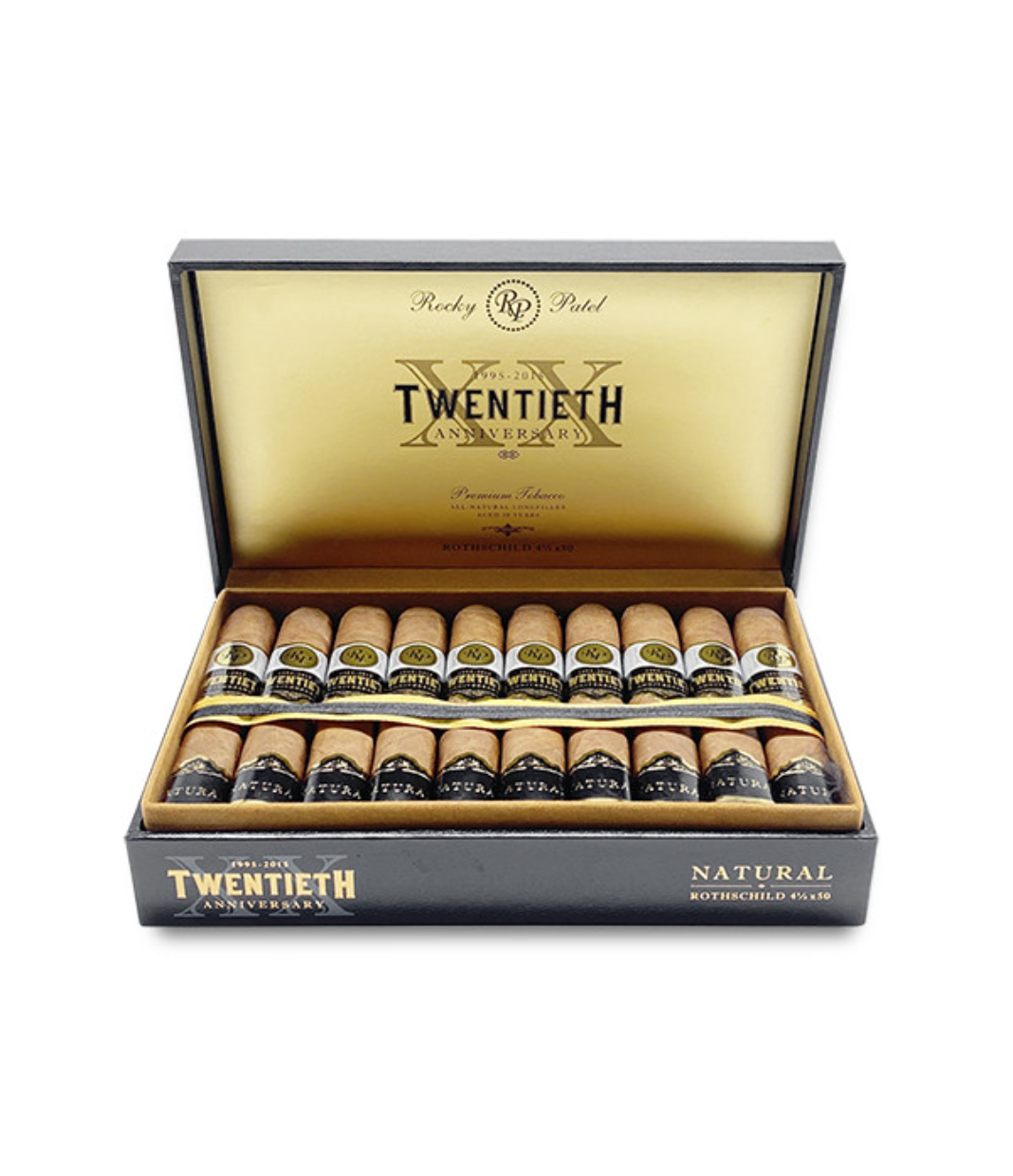 Rocky Patel 20th Anniversary Rothschild Cigar Box of 20 close-up from AuCigars, premium Cuban cigar