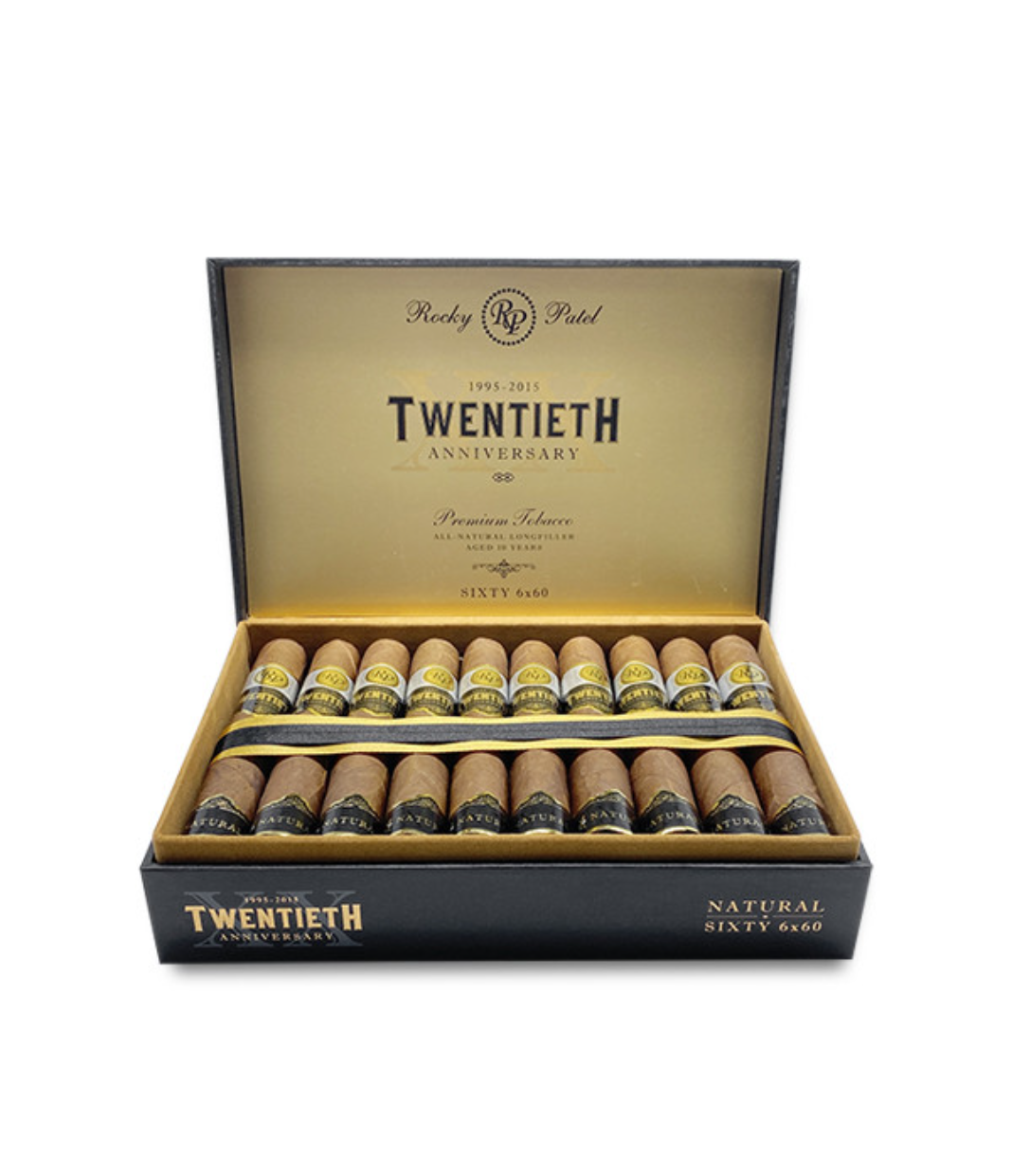 Rocky Patel 20th Anniversary Sixty Cigar Box of 20 close-up from AuCigars, premium Cuban cigar