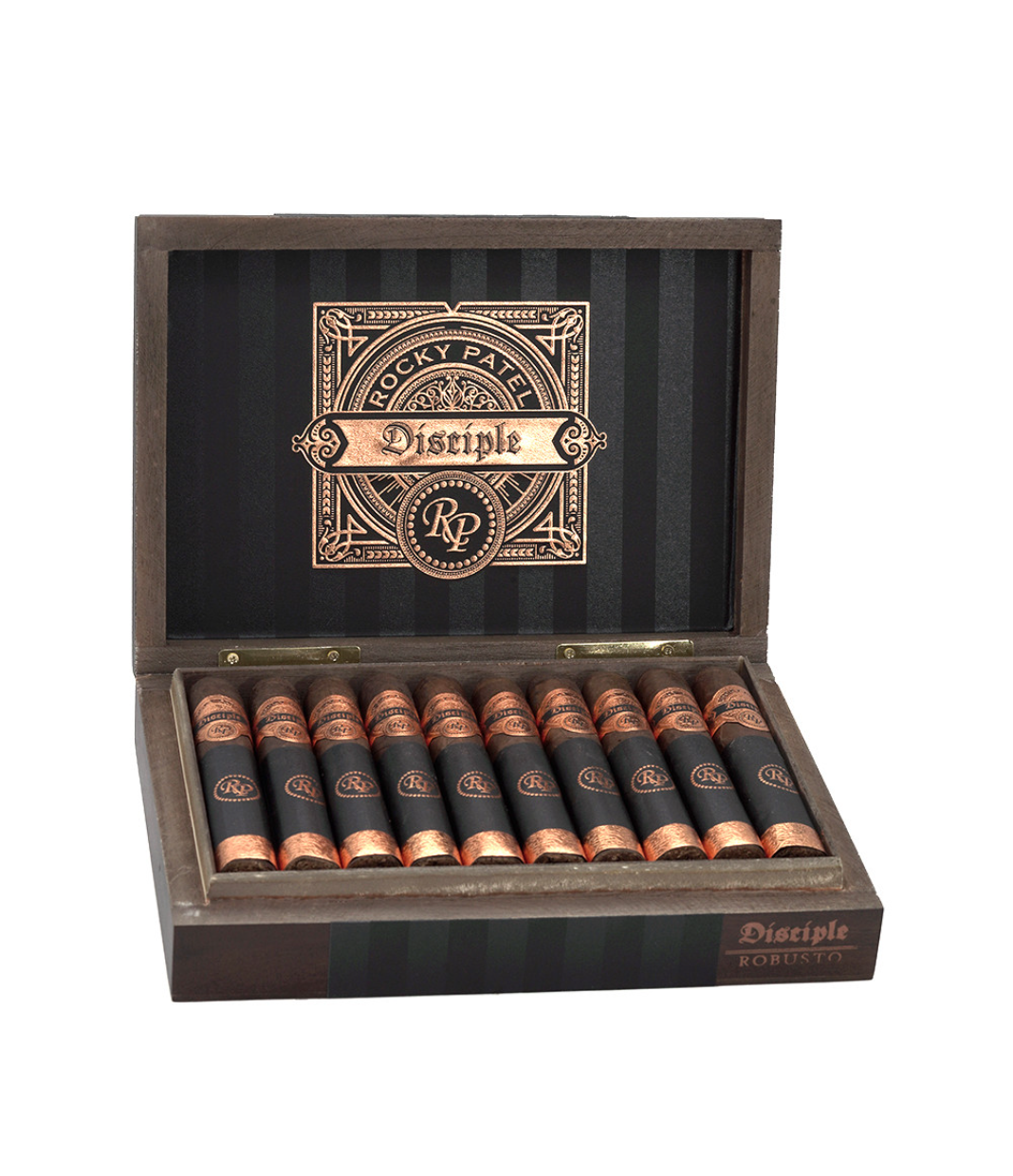Rocky Patel Disciple Robusto Cigar Box of 20 close-up from AuCigars, premium Cuban cigar