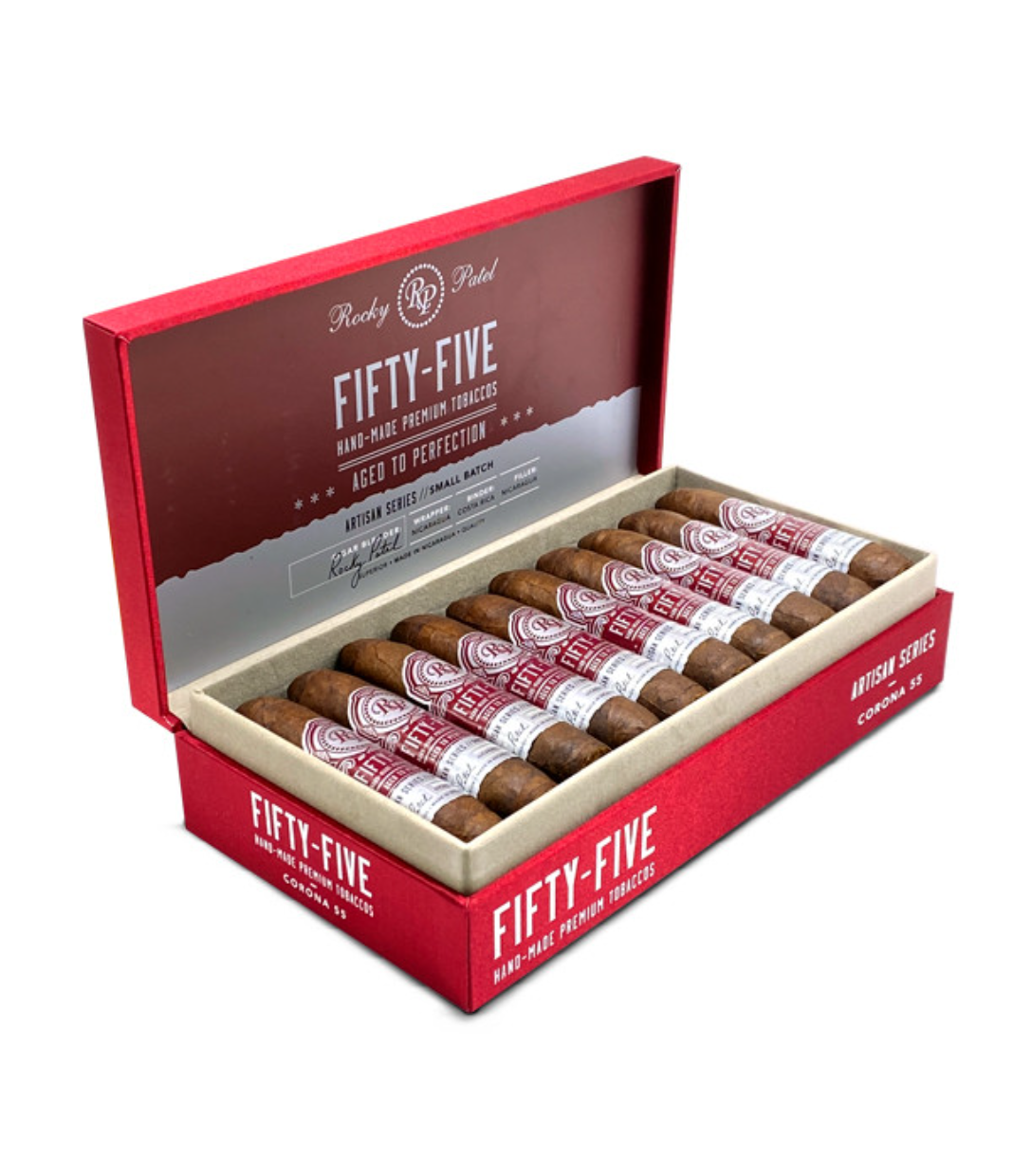 Rocky Patel Fifty-Five Corona Cigar Box of 20 close-up from AuCigars, premium Cuban cigar