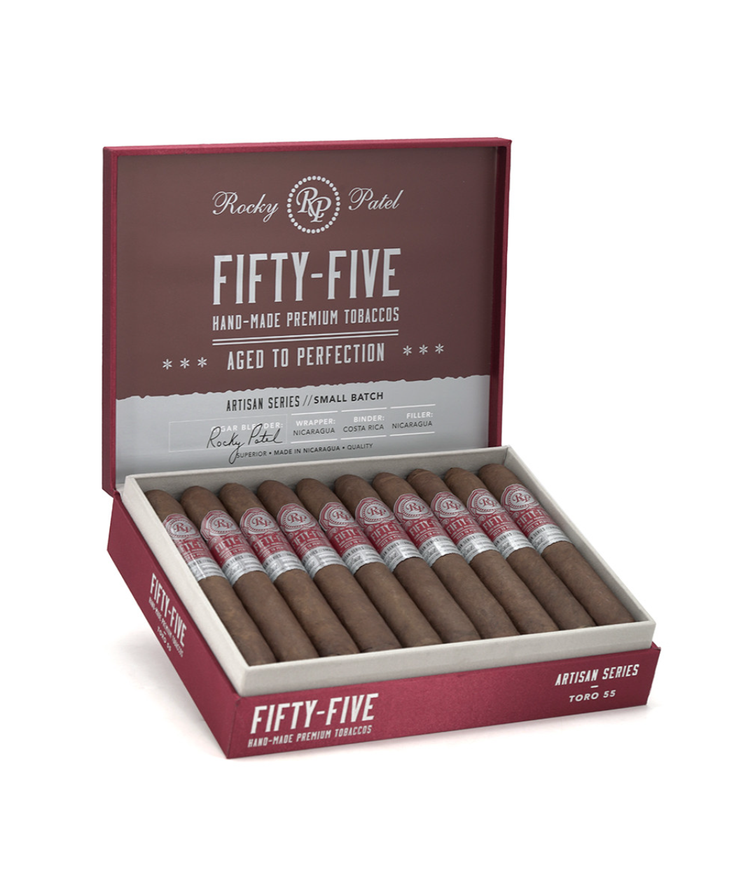 Rocky Patel Fifty-Five Toro Cigar Box of 20 close-up from AuCigars, premium Cuban cigar