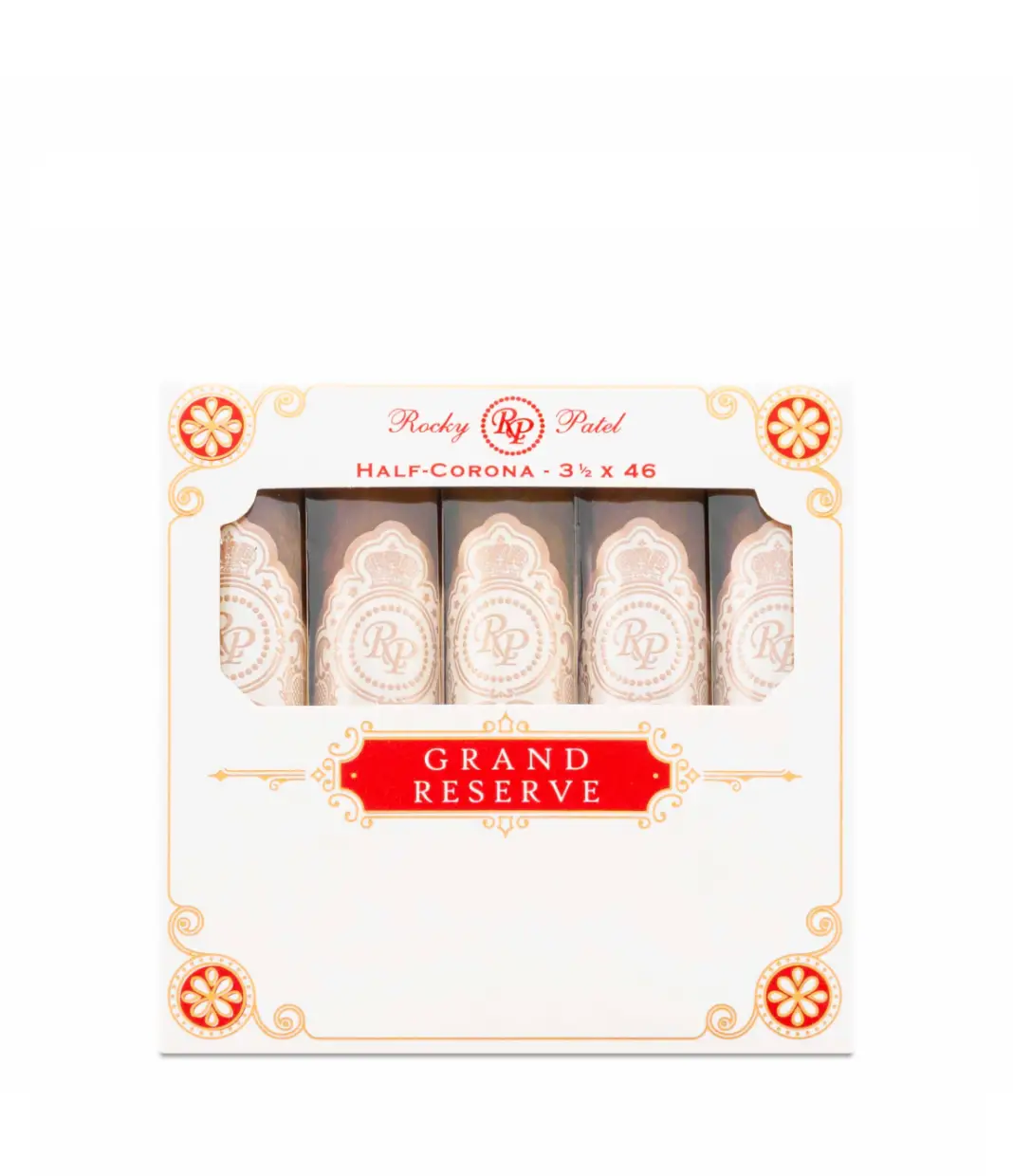 Rocky Patel Grand Reserve Half Coronas Cigar Box of 10 X 5 close-up from AuCigars, premium Cuban cigar