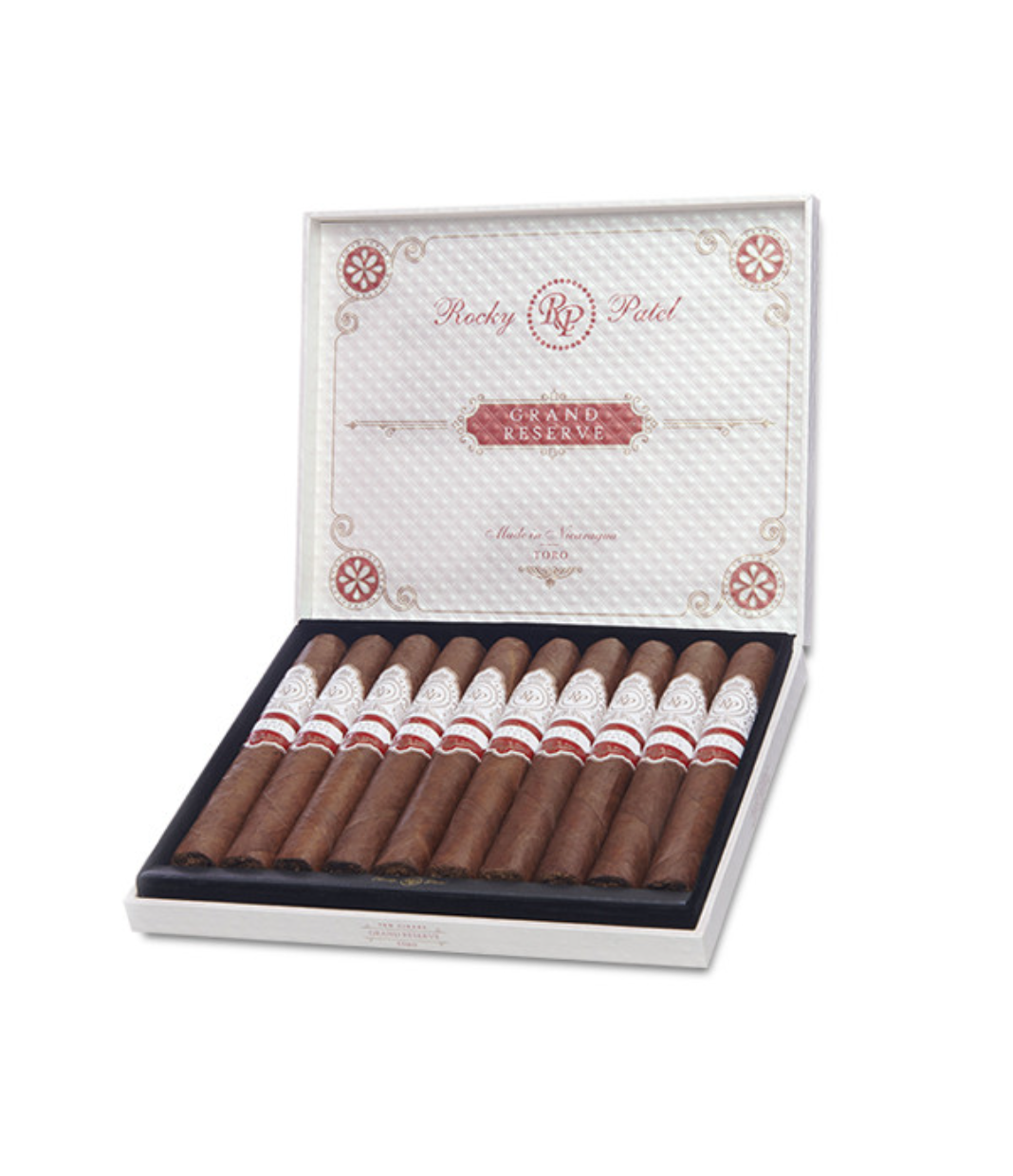 Rocky Patel Grand Reserve Toro Cigar Box of 10 close-up from AuCigars, premium Cuban cigar