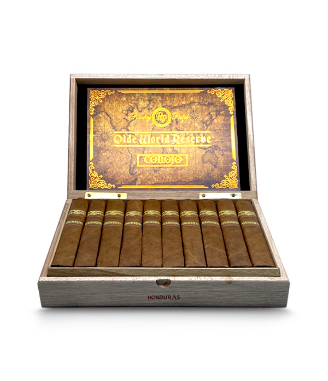 Rocky Patel Olde World Reserve Corojo Robusto Cigar Box of 20 close-up from AuCigars, premium Cuban cigar