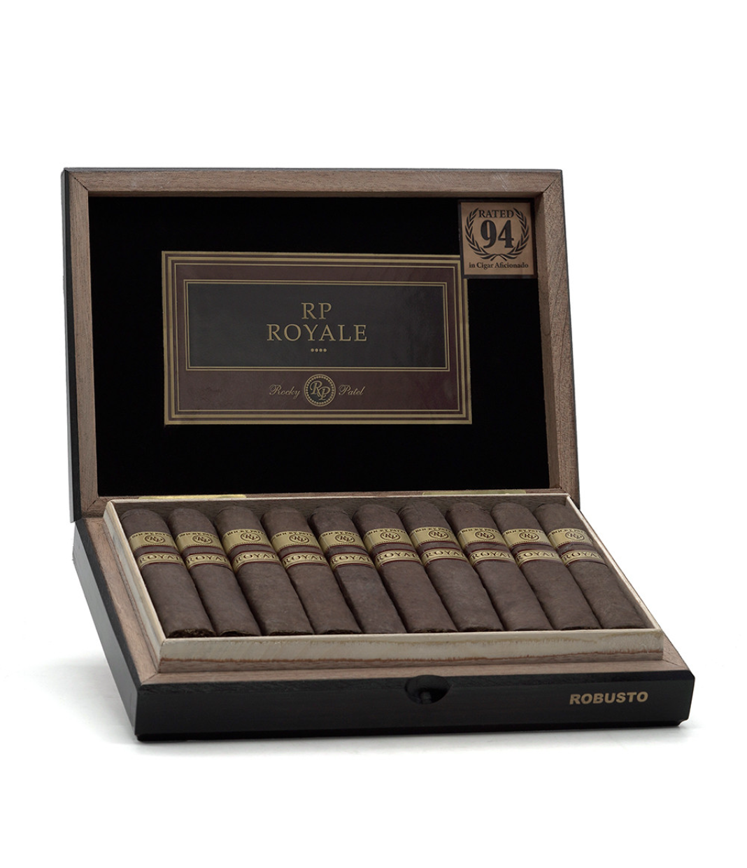 Rocky Patel Royale Robusto Cigar Box of 20 close-up from AuCigars, premium Cuban cigar