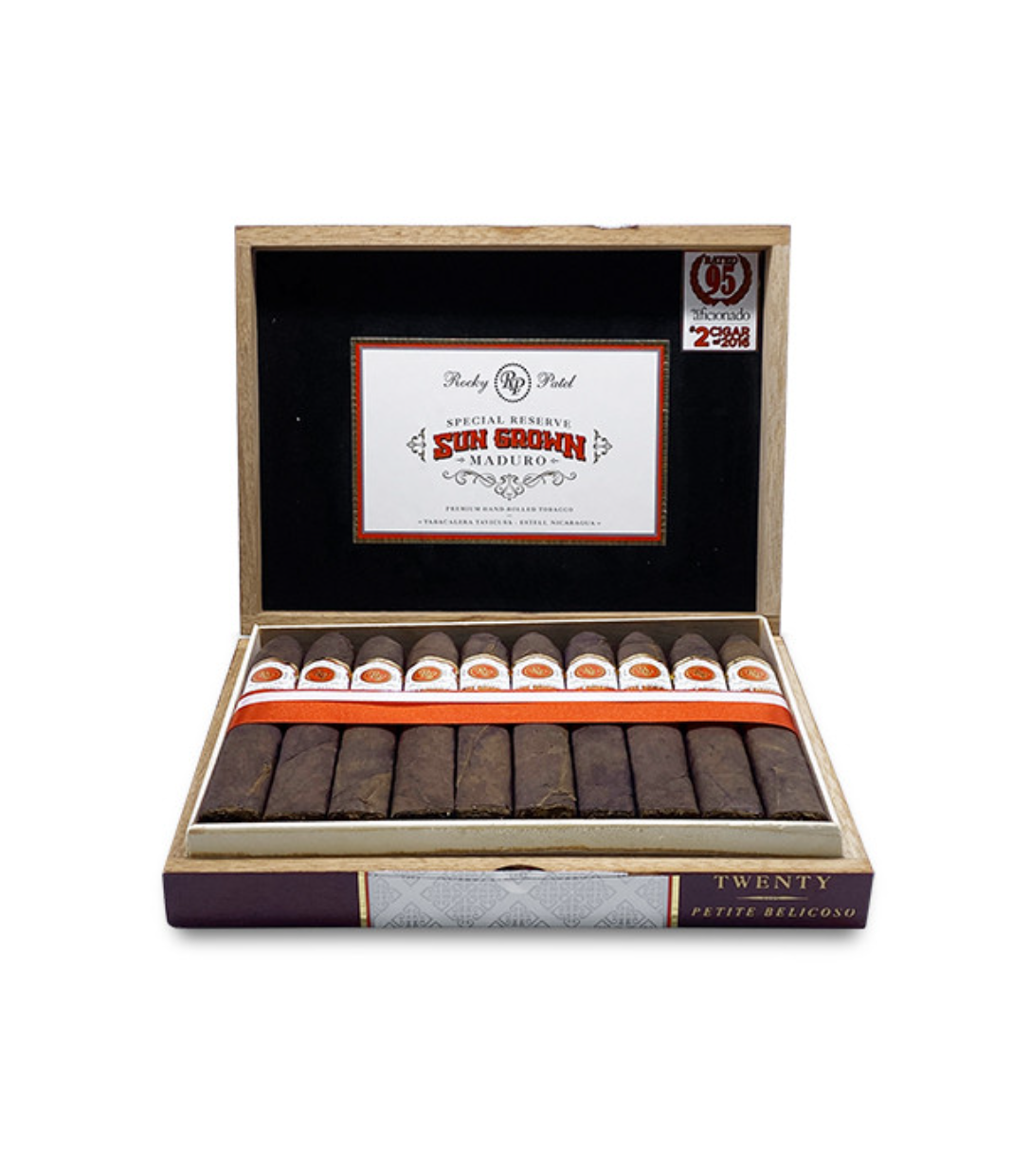 Rocky Patel Sun Grown Maduro Petite Belicoso Cigar Box of 20 close-up from AuCigars, premium Cuban cigar