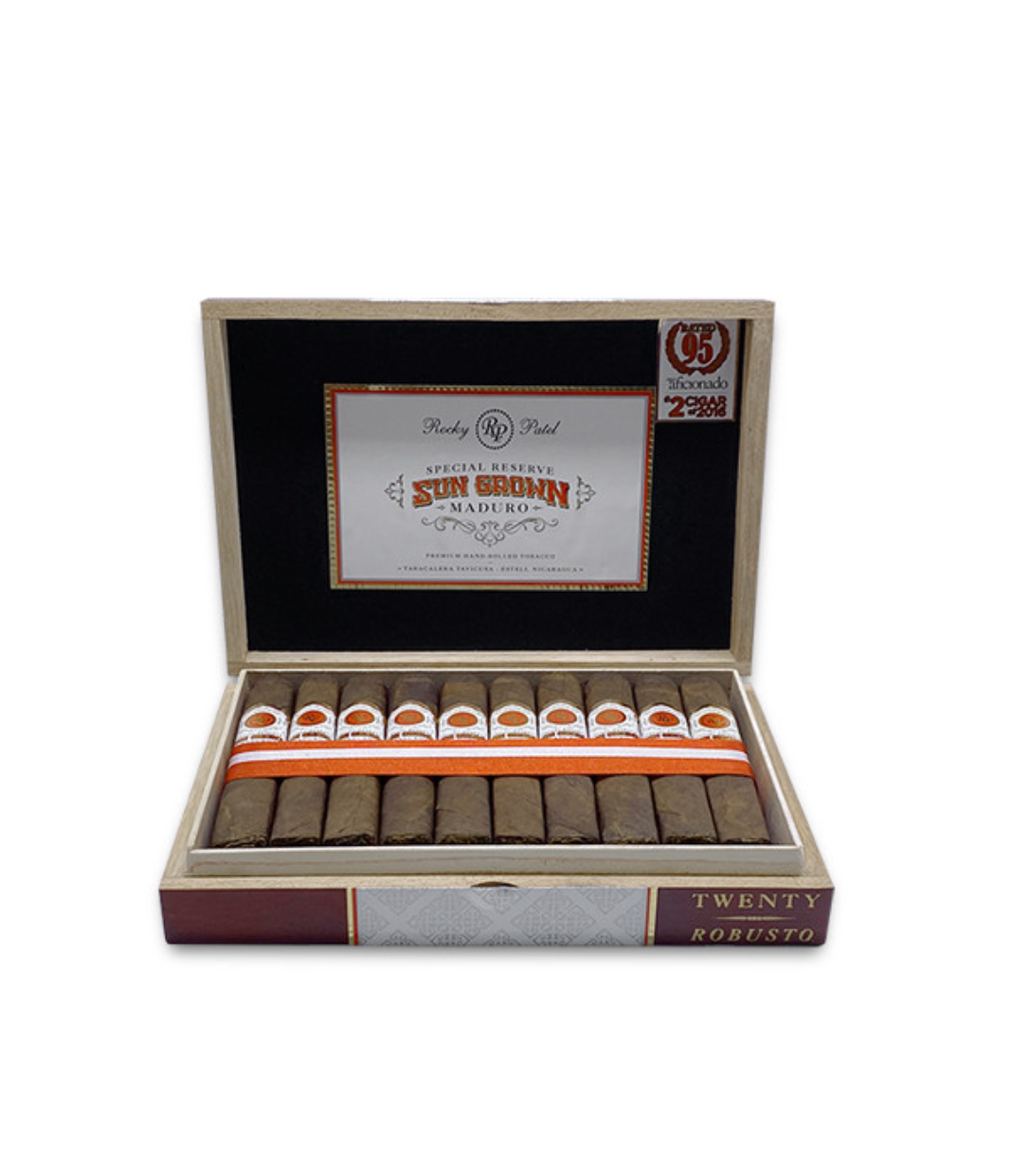 Rocky Patel Sun Grown Maduro Robusto Cigar Box of 20 close-up from AuCigars, premium Cuban cigar