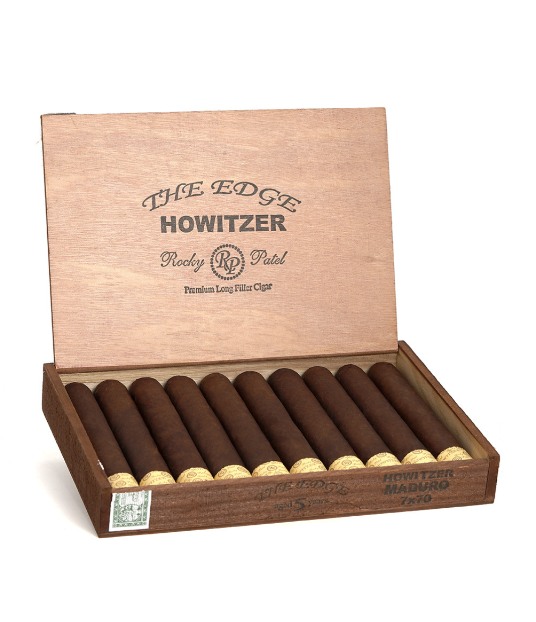 Rocky Patel The Edge Howitzer Maduro Cigar Box of 10 close-up from AuCigars, premium Cuban cigar