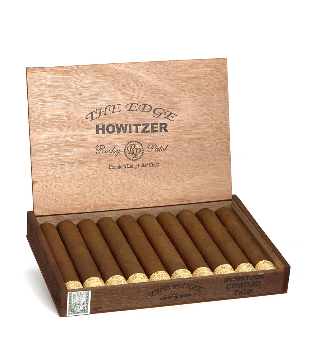 Rocky Patel The Edge Howitzer Corojo Cigar Box of 10 close-up from AuCigars, premium Cuban cigar