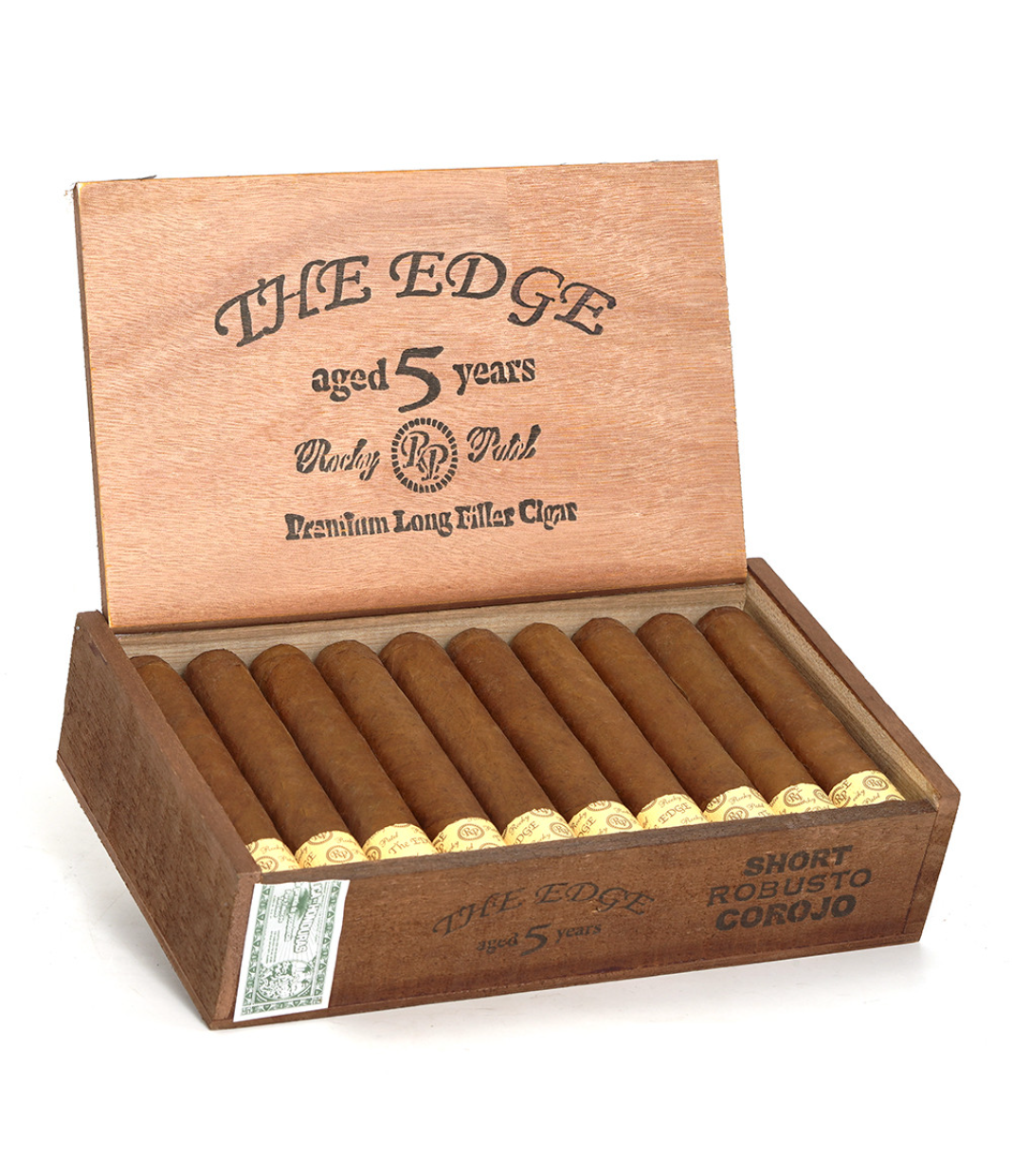 Rocky Patel The Edge Short Robusto Corojo Cigar Box of 20 close-up from AuCigars, premium Cuban cigar