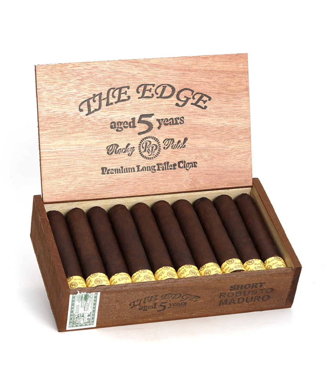 Rocky Patel The Edge Short Robusto Maduro Cigar Box of 20 close-up from AuCigars, premium Cuban cigar