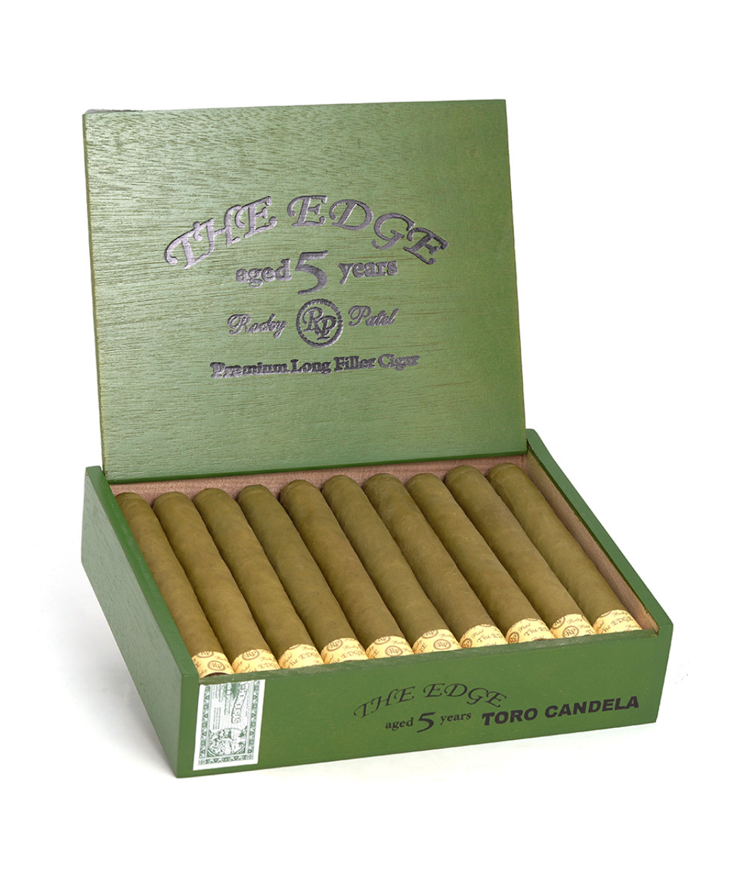 Rocky Patel The Edge Toro Candela Cigar Box of 20 close-up from AuCigars, premium Cuban cigar
