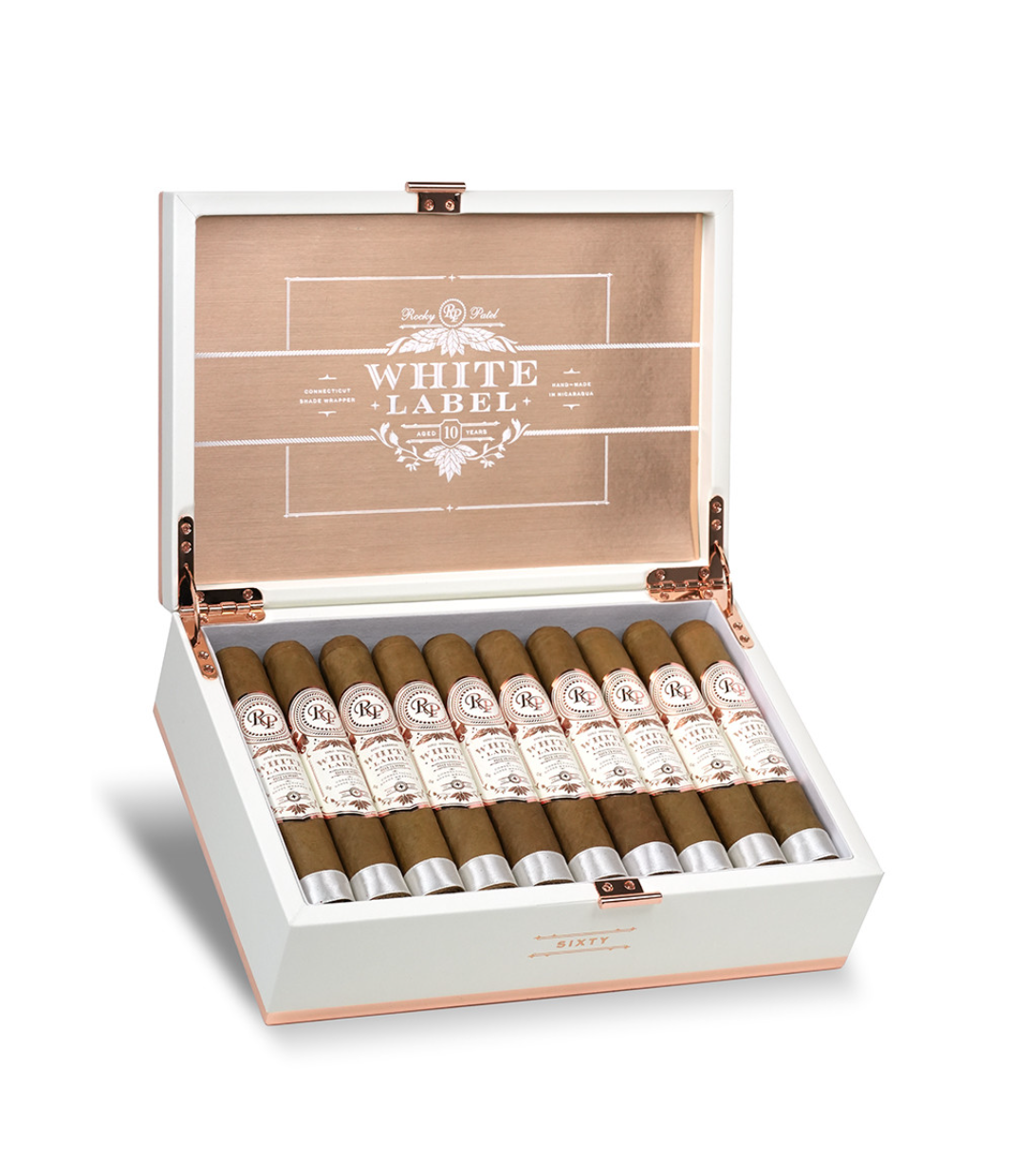 Rocky Patel White Label Sixty Cigar Box of 20 close-up from AuCigars, premium Cuban cigar